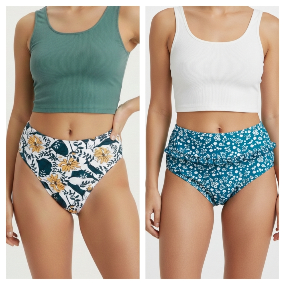 NWT High Waisted Floral Bikini Bottoms Lot Swimwear Set Medium